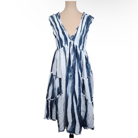 NWT World Market Midi Dress S/M Blue White Tie Dye Striped Ruffle V-Neck Tiered - Picture 1 of 16